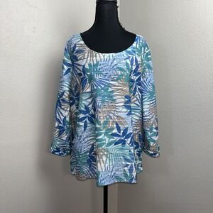 Cathy Daniels Tunic Women's XL Blue Floral 3/4 Sleeve Ribbed Henley Casual Artsy